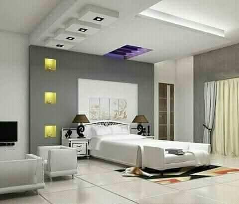 Diseño 3D de dormitorio con cielo raso decorativo